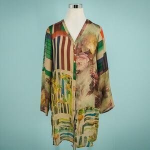 Soft Surroundings Size Medium M Print Button V Neck Artsy Long Sleeve Tunic Top